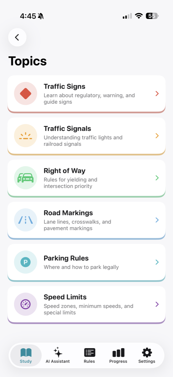 DMV Ready topics screen showing categorized study sections