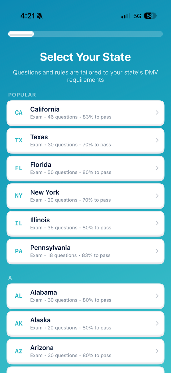 DMV Ready state selection screen on iPhone - pick your state for the official exam format