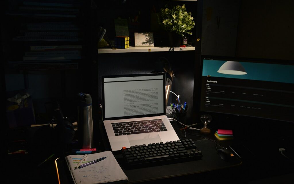 A laptop open on a desk