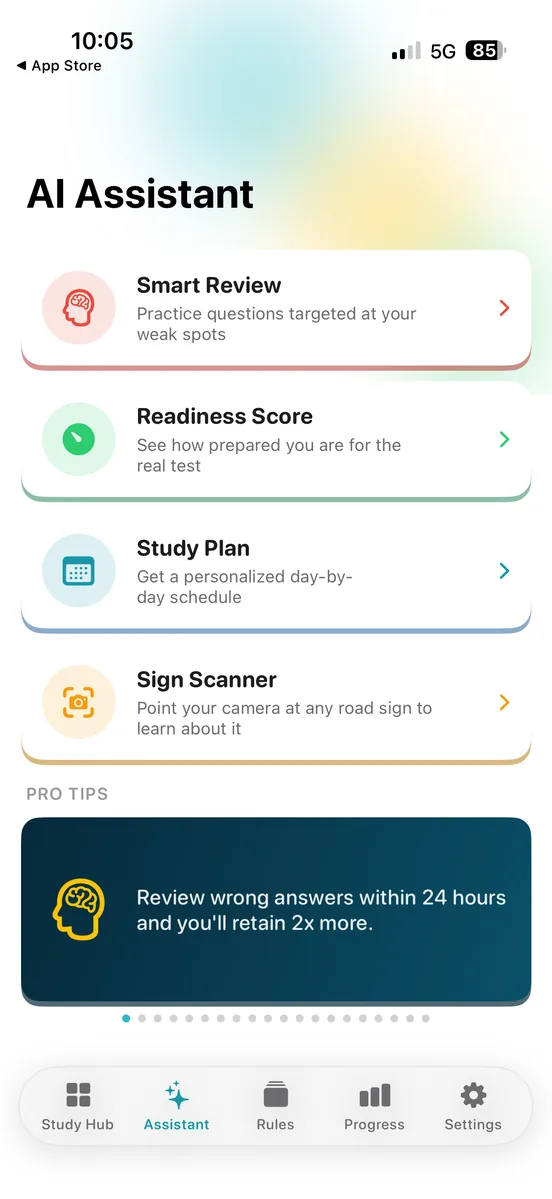 DMV Ready study assistant hub with Readiness Score, Quick Practice, Study Plan, and Sign Scanner