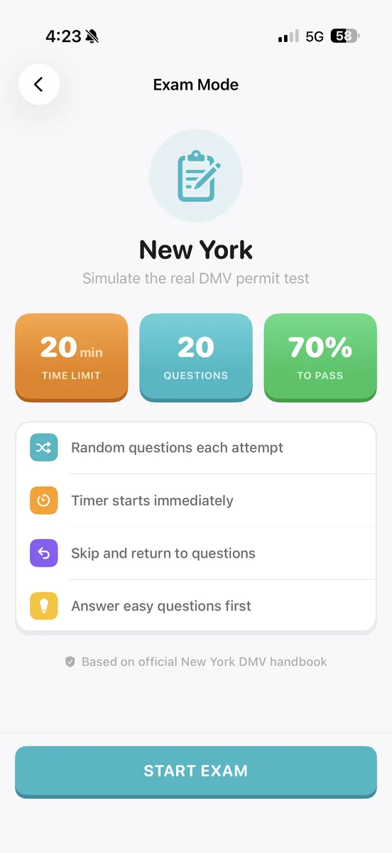 DMV Ready Exam Mode for New York: 20 minutes, 20 questions, 70% to pass, based on the official NY DMV handbook