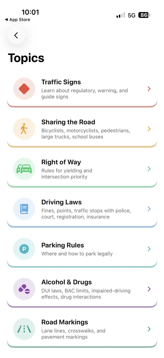 DMV Ready topics screen showing categorized study sections