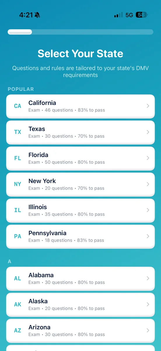 DMV Ready state selection screen on iPhone - pick your state for the official exam format