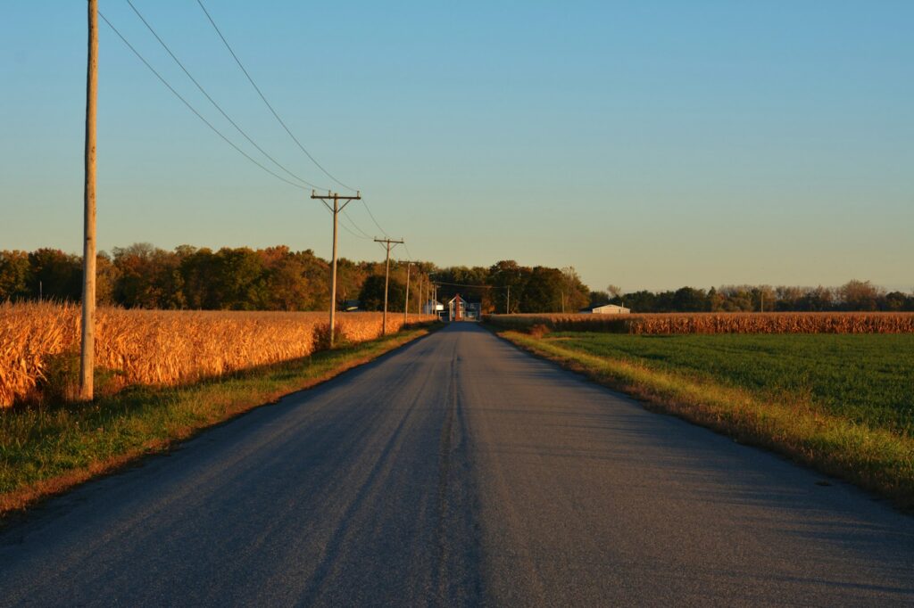A long, empty two lane road running through agricultural fields at sunset