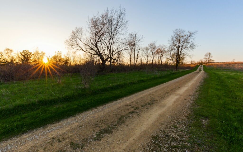 A rural farm road stretching under a clear blue Missouri sky