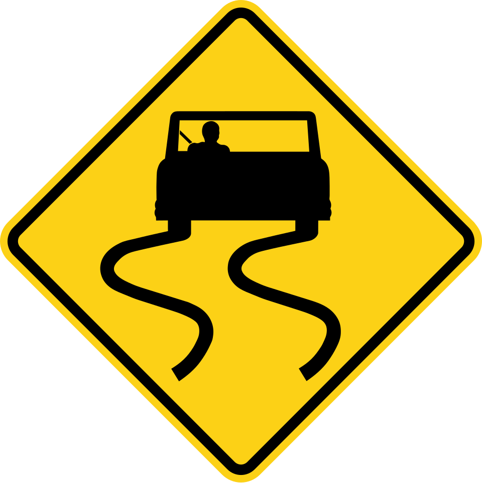 Yellow diamond shaped slippery when wet warning sign, MUTCD code W8-5, showing a car with wavy skid lines behind its tires
