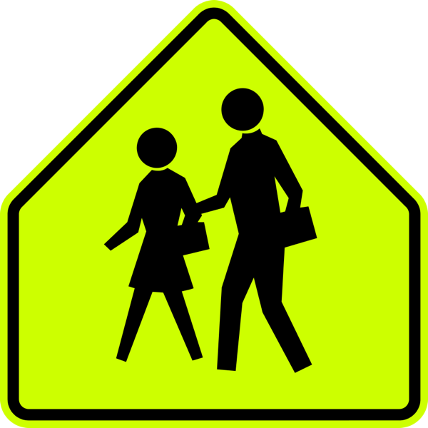 Fluorescent yellow-green pentagon School sign, MUTCD code S1-1, showing two children walking