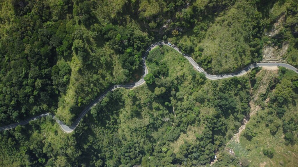 Aerial view of a winding two-lane road curving through a green forest