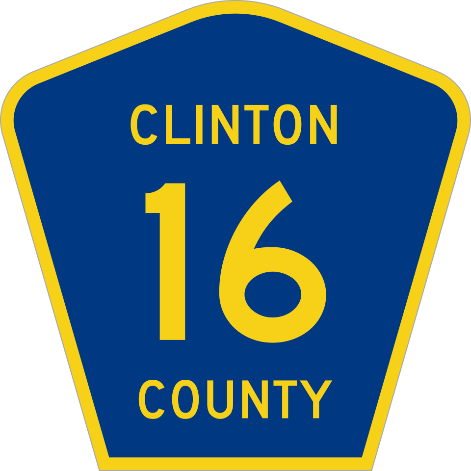 Blue pentagon County Route marker with yellow county name, route number and border, MUTCD code M1-6