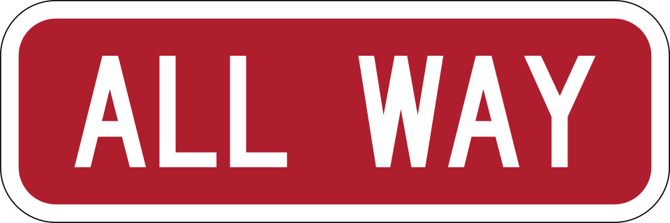 ALL WAY plaque, MUTCD code R1-3P, white legend on a red rectangle mounted below a stop sign