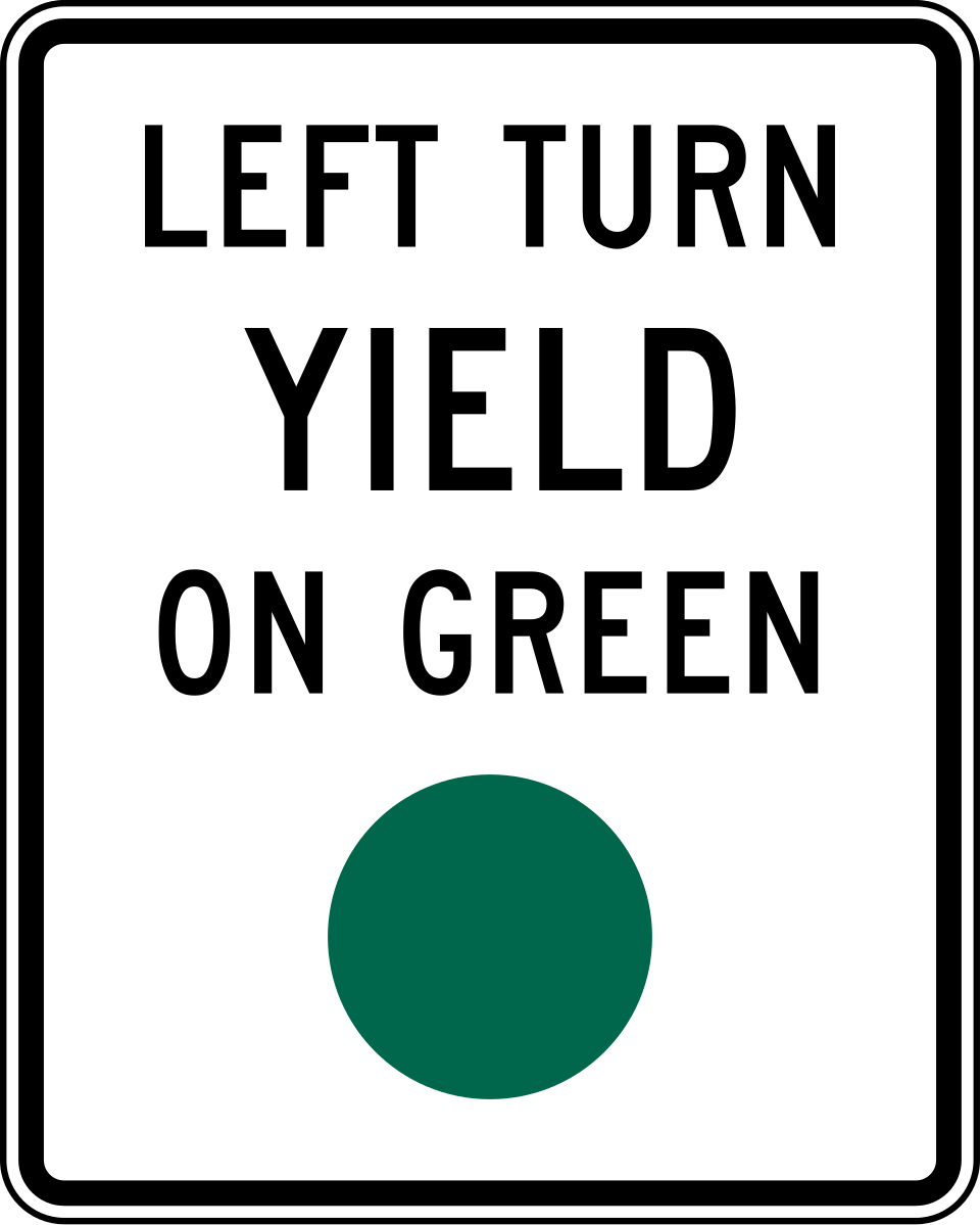 Black and white LEFT TURN YIELD ON GREEN regulatory sign, MUTCD code R10-12, showing a green circular signal indication below the legend