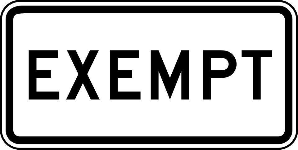 EXEMPT plaque, MUTCD code R15-3P, a white rectangular sign reading EXEMPT that is mounted below a crossbuck to tell bus and hazmat drivers no stop is required
