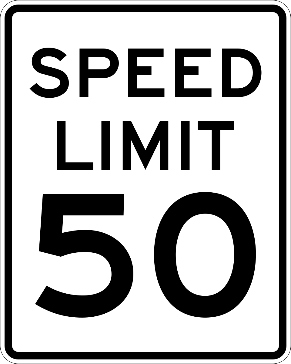 Black and white vertical rectangular SPEED LIMIT regulatory sign, MUTCD code R2-1, taller than it is wide