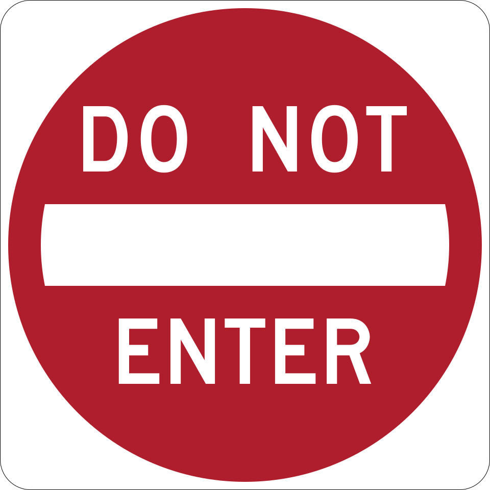 DO NOT ENTER sign, MUTCD code R5-1, white horizontal bar inside a red circle on a square white background