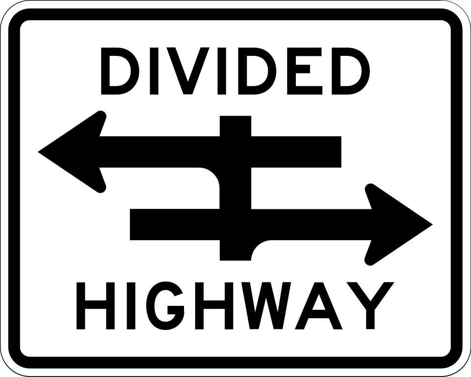 DIVIDED HIGHWAY regulatory sign, MUTCD code R6-3, a white rectangle with two one-way arrows posted where a side street crosses a divided highway