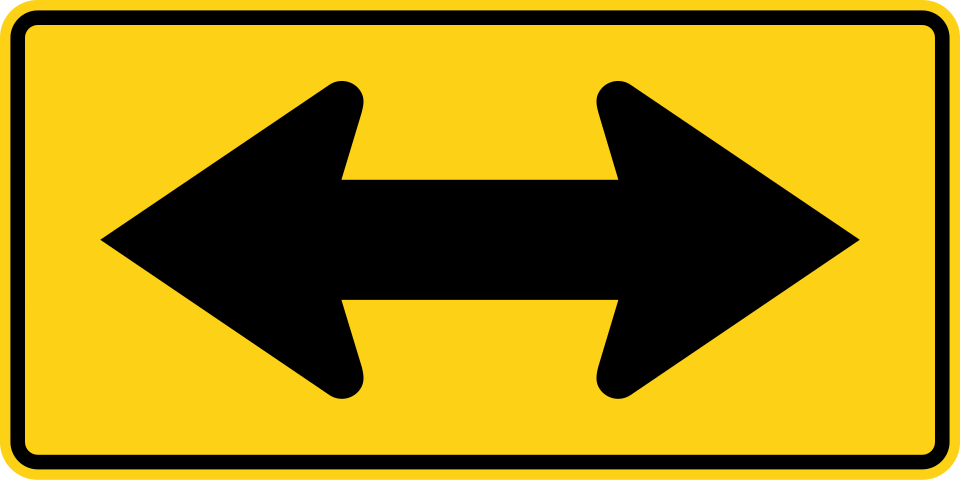 Two-Direction Large Arrow sign, MUTCD code W1-7, a yellow horizontal rectangle with a black double-headed arrow posted across the far side of a T intersection
