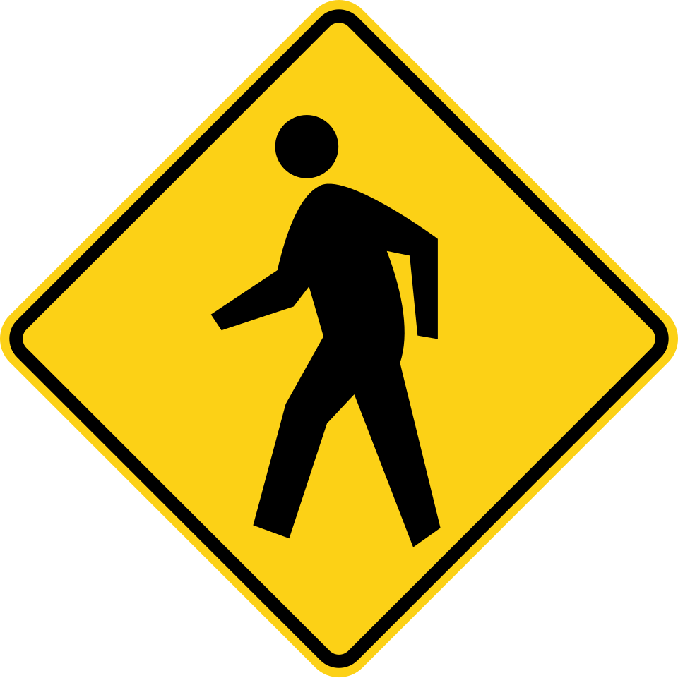 Pedestrian crossing sign, MUTCD code W11-2, a yellow diamond showing a walking figure above two lines marking a crosswalk