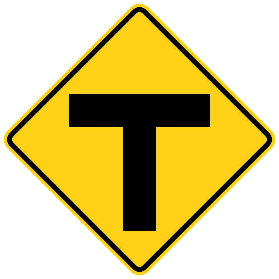 T intersection warning sign, MUTCD code W2-4, a yellow diamond with a black T showing that the road ahead ends at a cross street