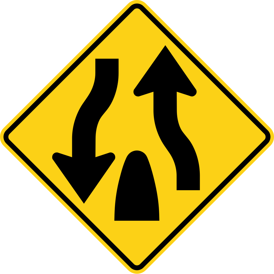 Divided highway ends sign, MUTCD code W6-2, a yellow diamond showing two one-way roadways merging back into two-way traffic