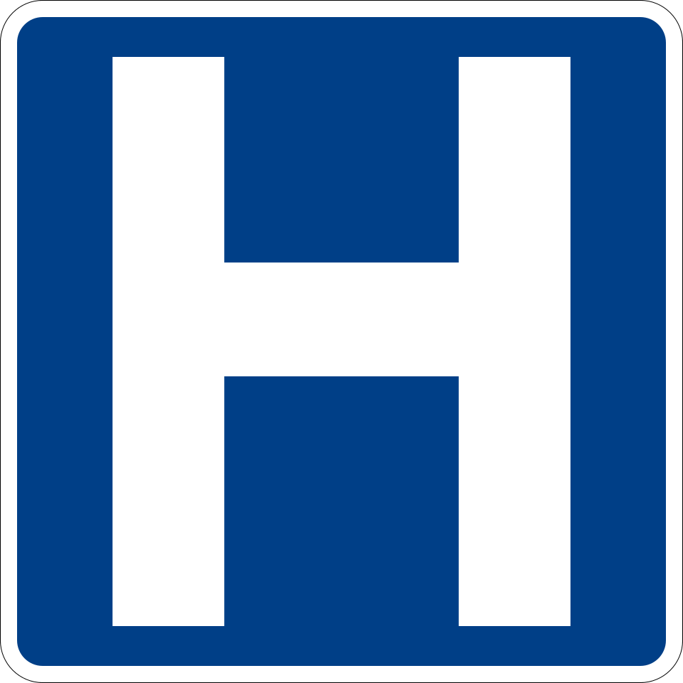 Blue square MUTCD D9-2 Hospital service sign showing a white capital letter H