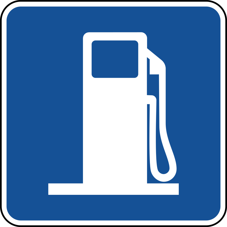Blue square MUTCD D9-7 Gas service sign showing a white fuel pump symbol