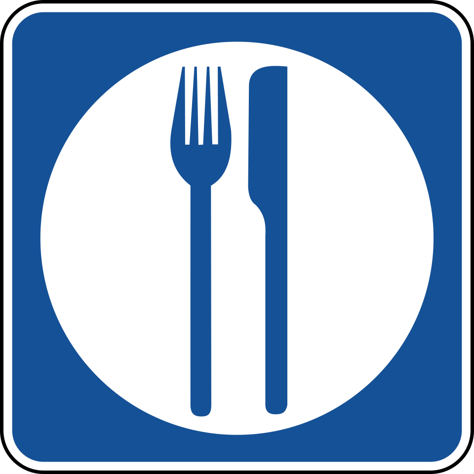 Blue square MUTCD D9-8 Food service sign showing a white fork and knife on a plate