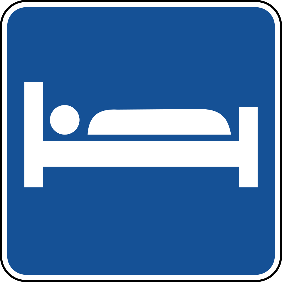 Blue square MUTCD D9-9 Lodging service sign showing a white bed symbol