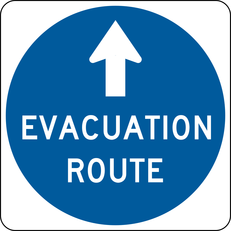 Blue and white MUTCD EM1-1 Evacuation Route sign with an upward arrow above the words EVACUATION ROUTE