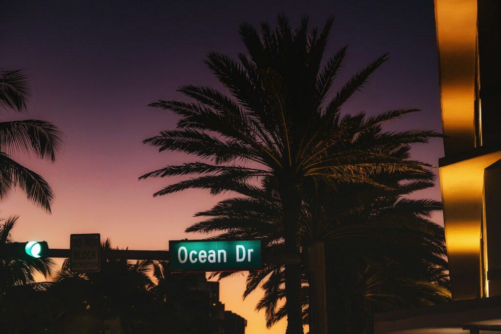 Green Ocean Dr street name sign and a do not block intersection sign under palm trees at dusk in South Beach, Florida